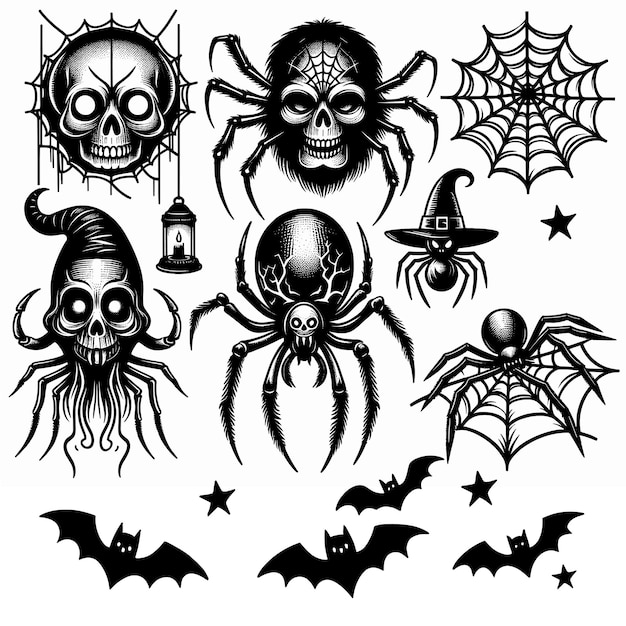 Horrifying Halloween Set of Creepy Spider and Skull Illustrations with Webs and Bats for a Spooky