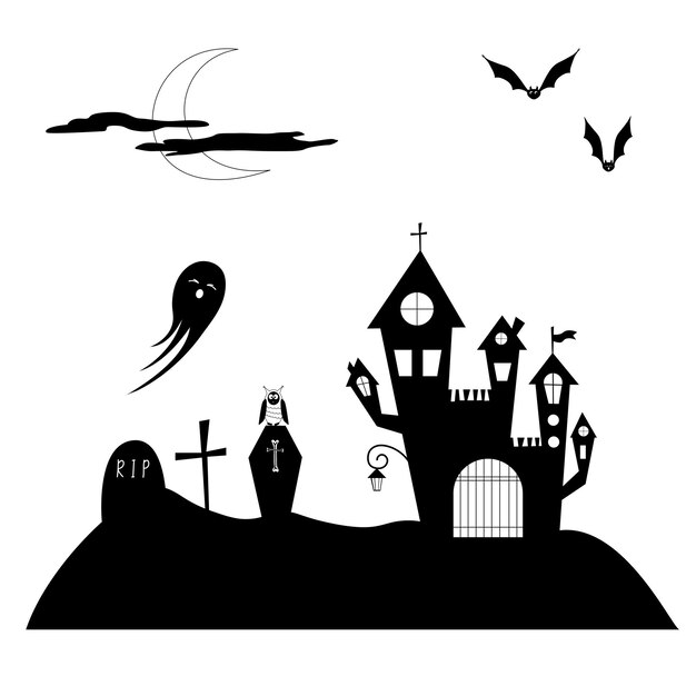 Horror  illustration for Halloween on a white background castle moon bat gost and cemetery on a card