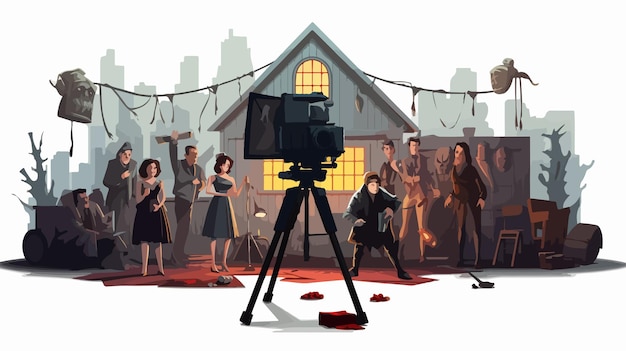 Vector horror movie scene filming in cinema production illustration