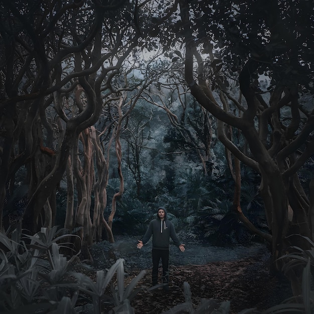 Vector horror places in midnight a man are standing in jungle his around side are long trees