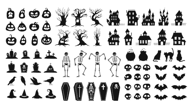 Horror silhouettes. Scary halloween decor skulls and skeletons, witch hats, black cats, crows and graveyard coffins. Spooky house vector set