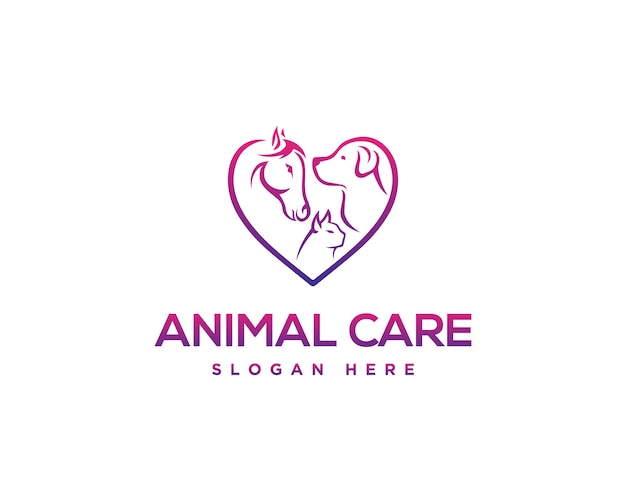 Horse Dog and Cat Veterinarian Heart Animal Love Logo Design Vector