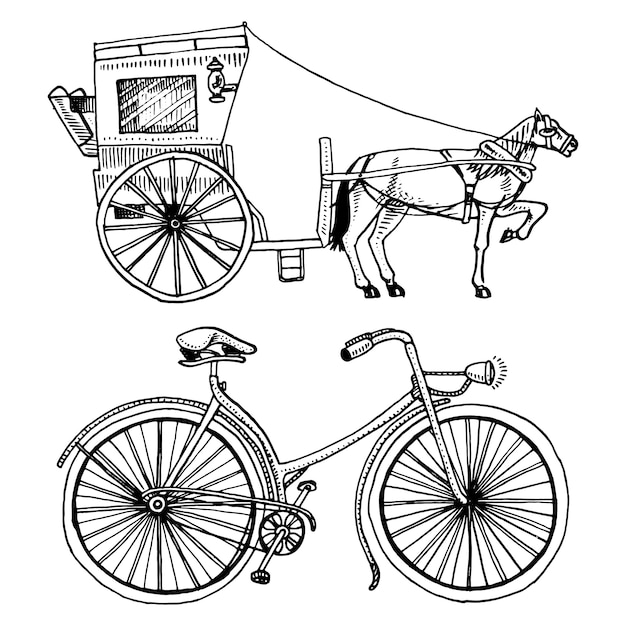 Horse-drawn carriage or coach and bicycle, bike or velocipede. travel illustration. engraved hand drawn in old sketch style, vintage transport.