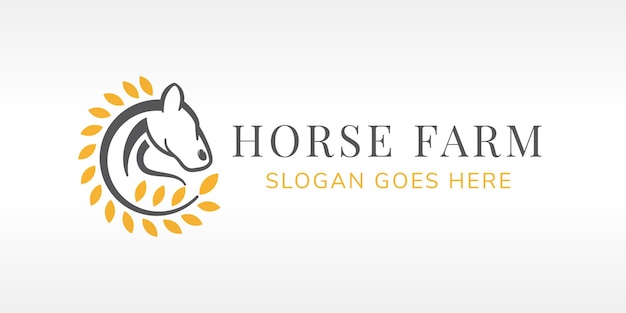 horse farm logo design template. combination of horse in line style and leaf using orange color.