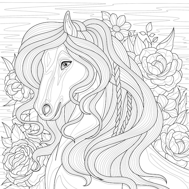 A horse in flowersColoring book antistress for children and adults Illustration isolated on white backgroundZentangle style Hand draw