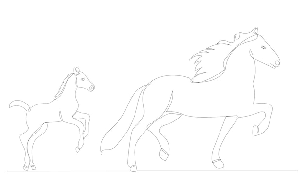 Horse and foal one continuous line drawing vector