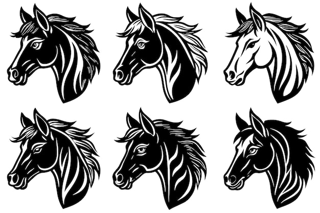 Horse head set black and white vector illustrations Isolated on white background