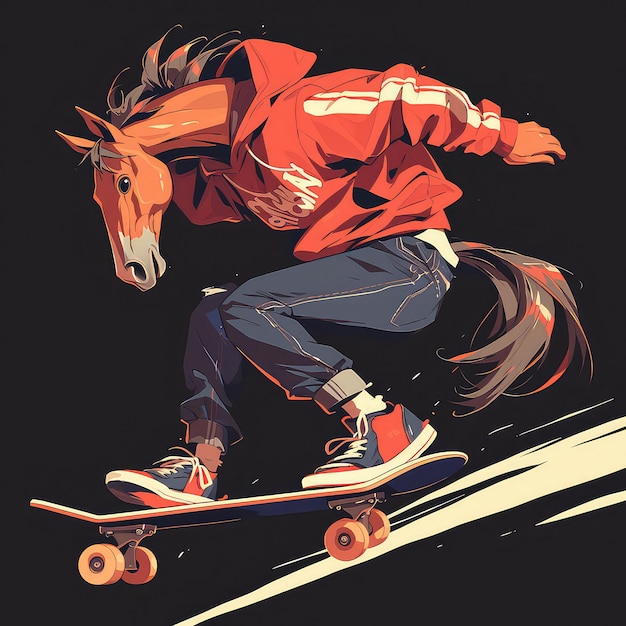 A horse is skateboarding cartoon style