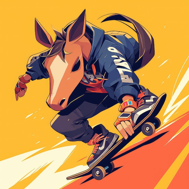 A horse is skateboarding cartoon style