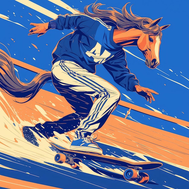 A horse is skateboarding cartoon style