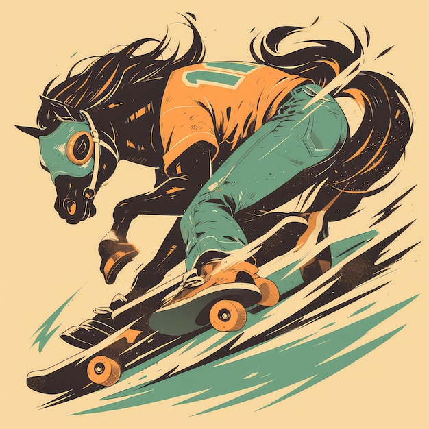 A horse is skateboarding cartoon style