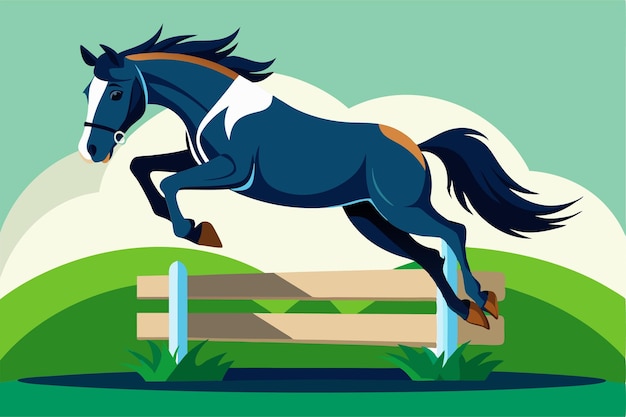 Vector a horse leaps gracefully over a wooden fence in a lush green environment under a clear sky customizable horse jumping illustration