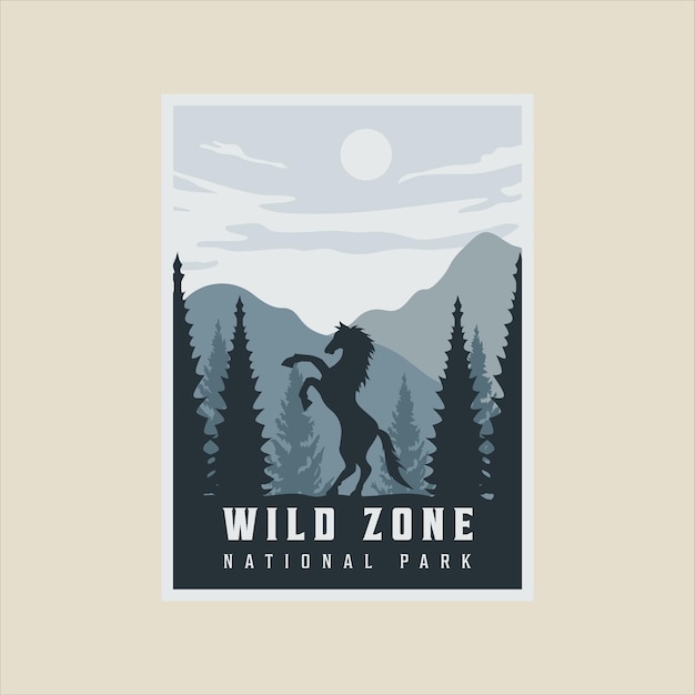 Horse at nature wildlife minimalist vintage poster illustration template graphic design national park with animal at forest and mountain at night concept