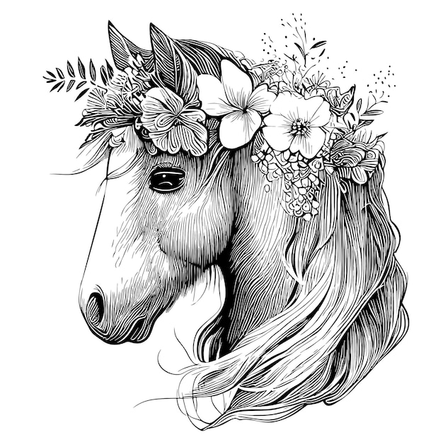 Horse portrait with flowers on head hand drawn sketch illustration