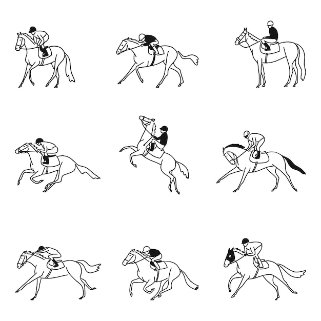 Horse racing set in line art drawing style. Black linear sketch isolated on white background. Vector