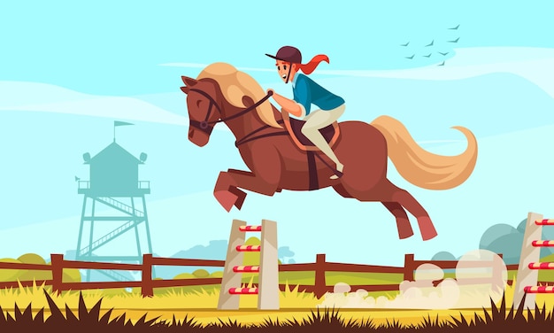 Horse rider background with sport and barrier symbols flat illustration