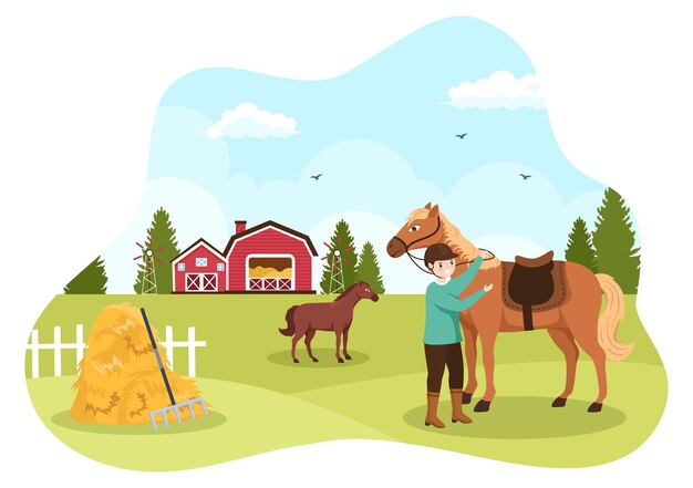 Horse Riding Cartoon Illustration with Cute People Practicing Horseback Ride in the Green Field