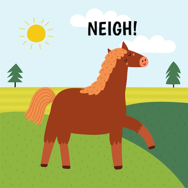 A horse saying neigh print. Cute farm character on a green pasture making a sound