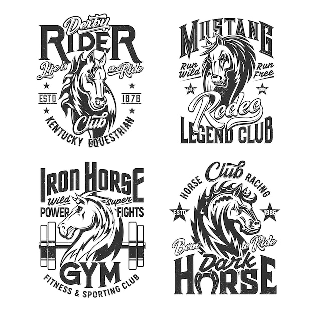 Horse stallion mascot t-shirt print template. Mustang horse muzzle with waving mane engraved vector. Equestrian and rodeo sport, fitness gym and racing club apparel custom design print with mascot