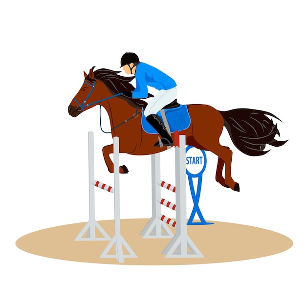 Horse with rider jumping over the barrier Jockey on horse Equestrian Sport Vector Illustration