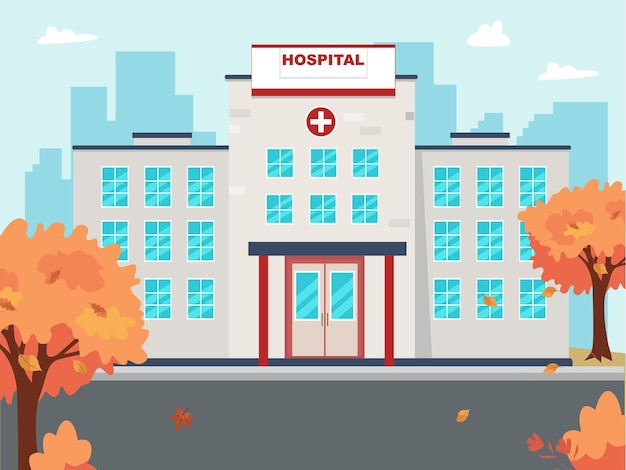 Hospital in autumn landscape White doctor house vector illustration