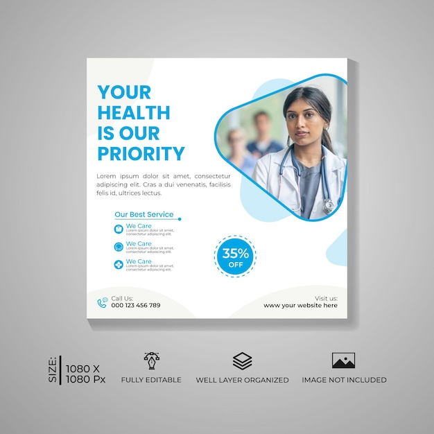 Hospital Banner or Square Flyer and Social Media Post Template Design