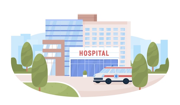 Hospital building and ambulance 2D vector isolated illustration