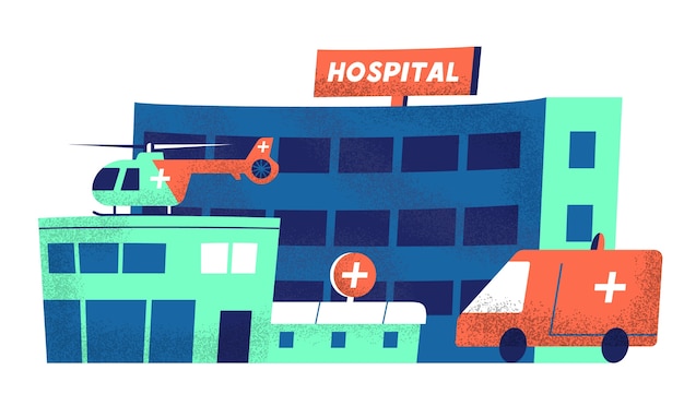 Hospital building exterior with ambulance car and medical helicopter on the roof.   illustration with textures.  on white.