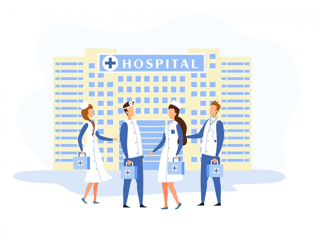 Hospital Building Facade and Medical Staff Cartoon