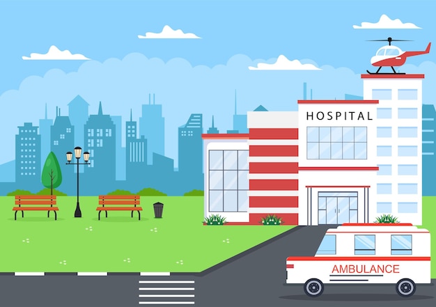 Hospital Building for Healthcare Cartoon Background Vector Illustration with, Ambulance Car, Doctor, Patient, Nurses and Medical Clinic Exterior