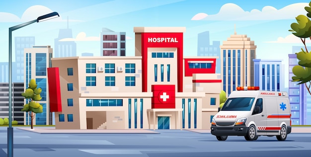 Hospital building with ambulance car Medical concept background landscape illustration