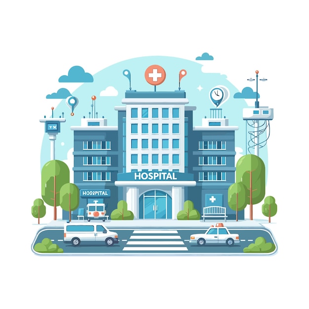 Hospital building with ambulance and helicopter in flat design vector illustration