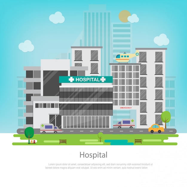 Hospital building with cityscape. Medical and healthcare concept. 