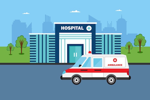 Hospital clinic building with ambulance car truck