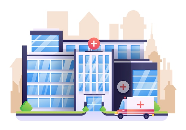 Hospital Illustration, a Healthcare Building with City as Background.