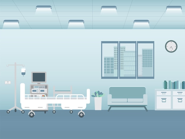 Hospital interior in inpatient room with bed and amenities vector illustration