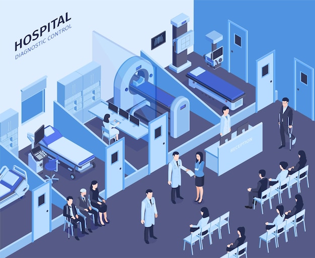 Hospital interior isometric composition with receptionist front desk waiting room  diagnostic ultrasound mri scanners patients illustration