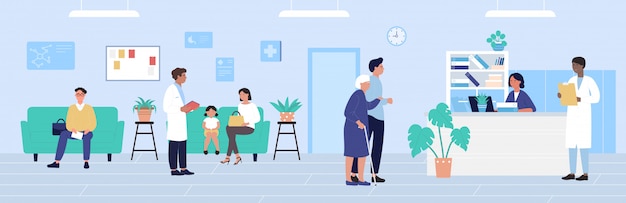 Hospital reception  illustration, cartoon  patient characters waiting doctors appointment, healthcare medicine office background