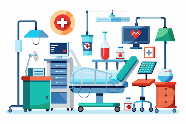 Vector the hospital room displays essential medical equipment including a patient bed monitors and various instruments indicating a wellequipped healthcare environment