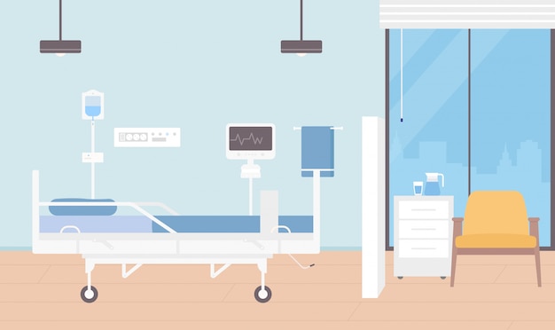 Hospital room interior  illustration, cartoon empty ward for patients hospitalization with modern medical equipment background