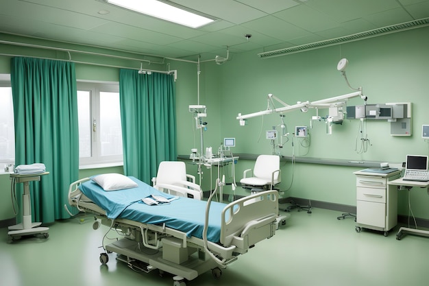 Vector a hospital room with a green wall and a green curtain