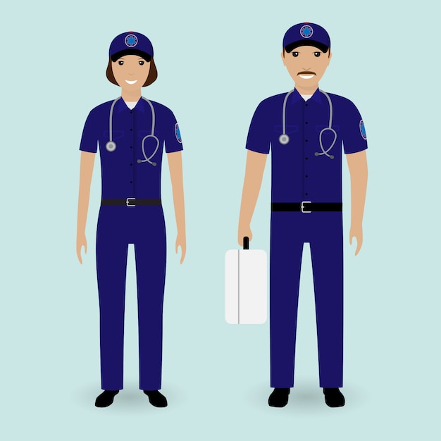 Hospital staff concept. Paramedics ambulance team. Male and female emergency medical serviice employee 