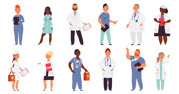 Hospital team Medical men doctor nurse group Healthcare workers isolated smiling caring staff Cartoon decent physician surgeon vector characters