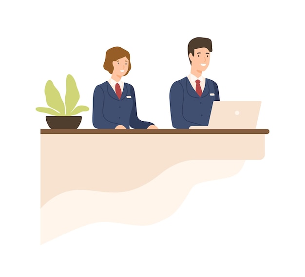 Hospitality male and female in uniform at counter vector flat illustration. Friendly cartoon receptionist working on desk reception isolated on white. Smiling operating personnel employee.