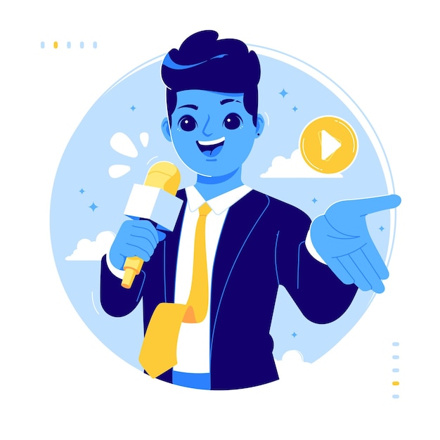 host announcer character with microphone illustration