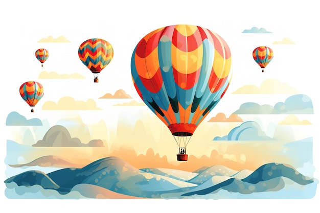 Hot Air Balloon in the blue sky with white clouds and birds Illustration vector