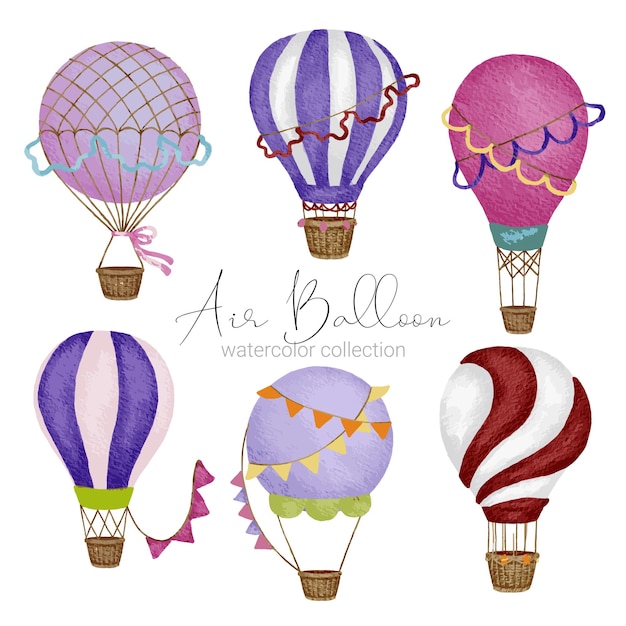 Hot air balloon designs in various watercolor styles for graphic designers to use for web sites invitation cards weddings congratulations birthdays celebrations fabric printing and publications