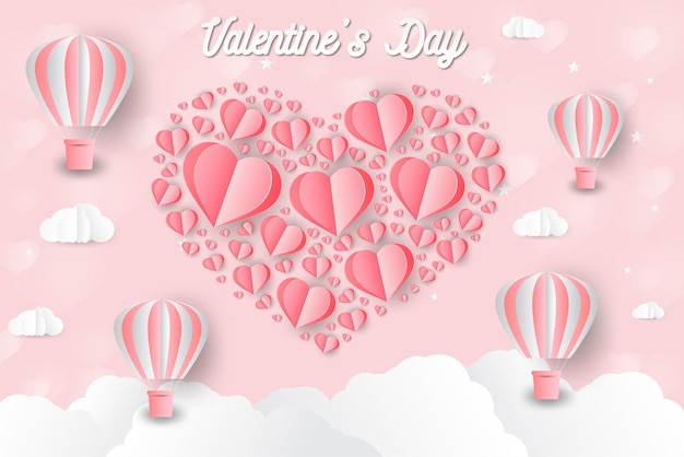 hot air balloon in a heart shape paper art style valentine day love