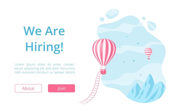 Hot air balloon and hiring message landing page vector illuatration job offer website page template