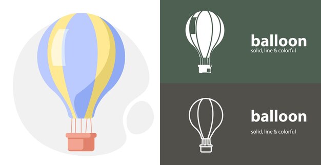 Hot air balloon isolated tool flat icon with balloon solid line icons